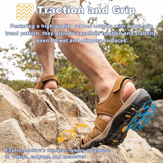 Men's Sport Sandals Closed Toe Leather Hiking Athletic Walking Outdoor Beach Trail River Fishing Water Shoes Lightweight Comfortable Waterproof