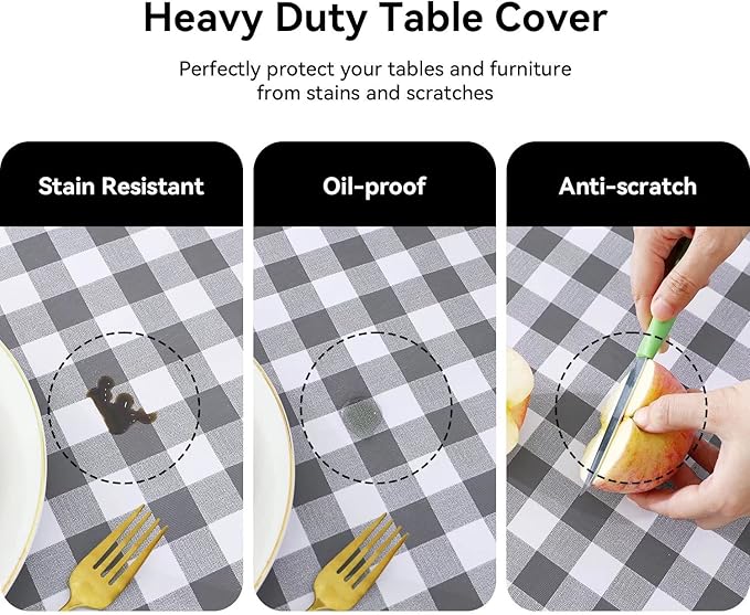 Romanstile Rectangle Vinyl PVC Tablecloth, 100% Waterproof Buffalo Plaid Plastic Table Cloth, Oil Proof Heavy Duty Wipeable Table Covers for Dining/Camping/Picnic/Outdoor - 60 x 102, Grey and White