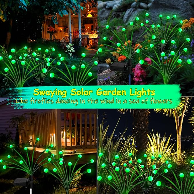 Kohlrabi Solar Garden Lights Outdoor, 4 Pack 40 LED Solar Green Firefly Lights Waterproof, Starburst Wind Swaying Light for Outside Yard Patio Planter Flower Bed Walkway Christmas Decoration