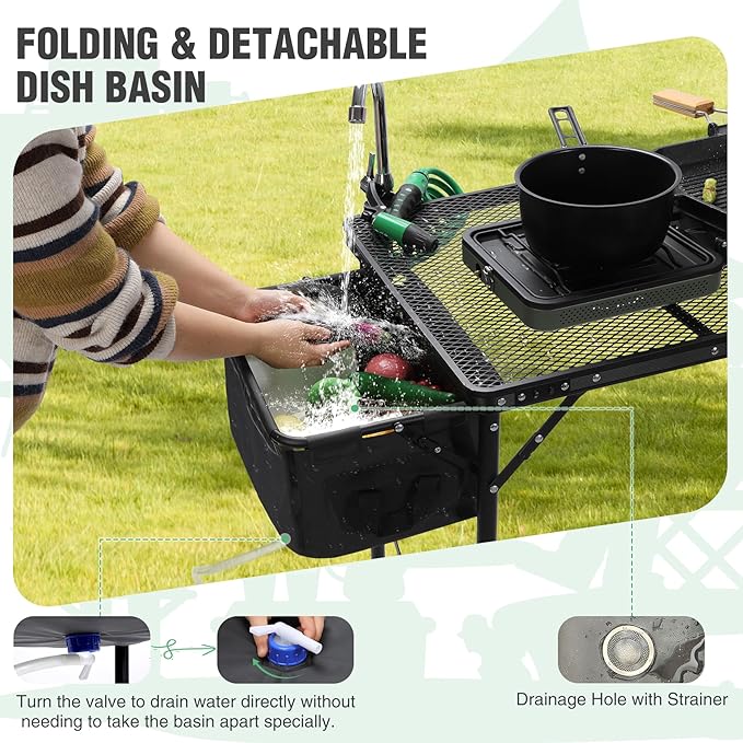 RedSwing Folding Grill Table with Sink and Double Shelf, Multifunctional Portable Grill Stand Table for Outdoor Camping Picnic BBQ, 69 x20 x31.5 Inches, Black