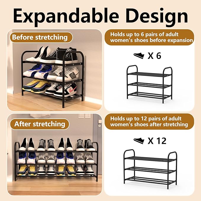3-Tier Expandable Shoe Rack for Closet, Shoe Organizer,17”-31” Adjustable Shoe Rack,Suitable for Small Spaces,Small Front Door Wardrobe Shoe Stand,Sturdy Metal,Black