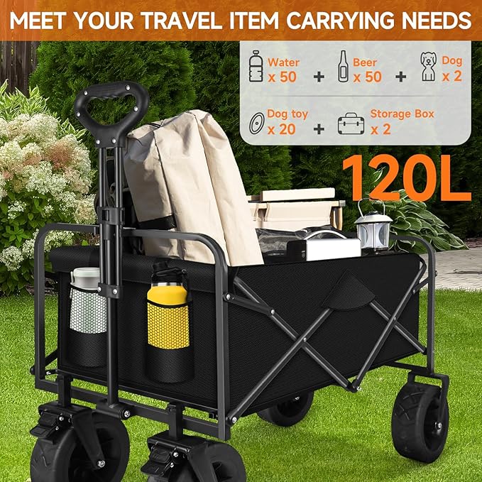 Collapsible Wagon Cart with Big Wheels, Foldable Heavy Duty Beach Cart with 330lbs Weight Capacity, 120L Portable Utility Grocery Wagon with Pocket & Brakes for Garden Sports Camping Travel Picnic