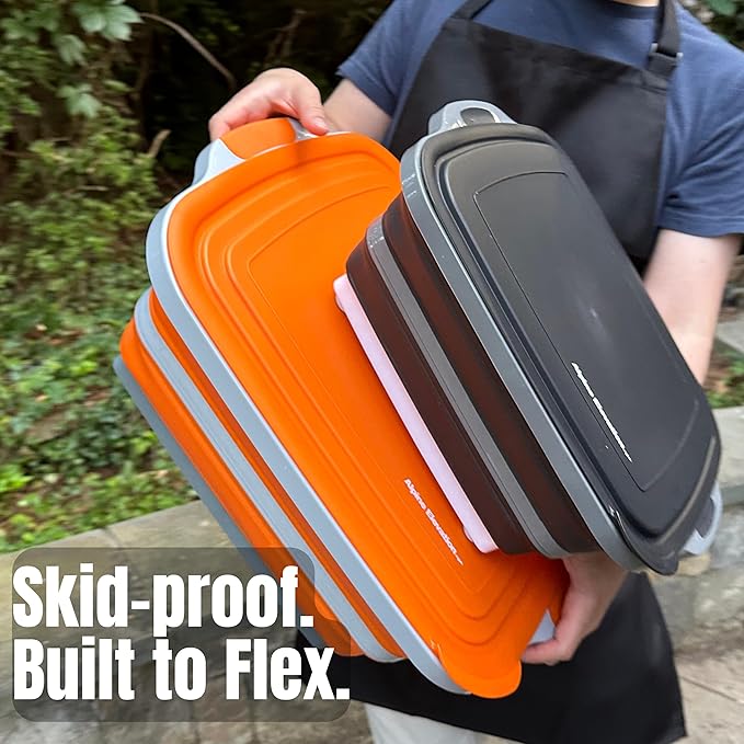 Collapsible Large (8L) BBQ Marinating Tub w/Cutting Board | Multipurpose Food-Grade TPE Prep Tub w/Lid | Built-in Colander & Drain Plug - for Camping | Tailgate | Picnic - Slate Black