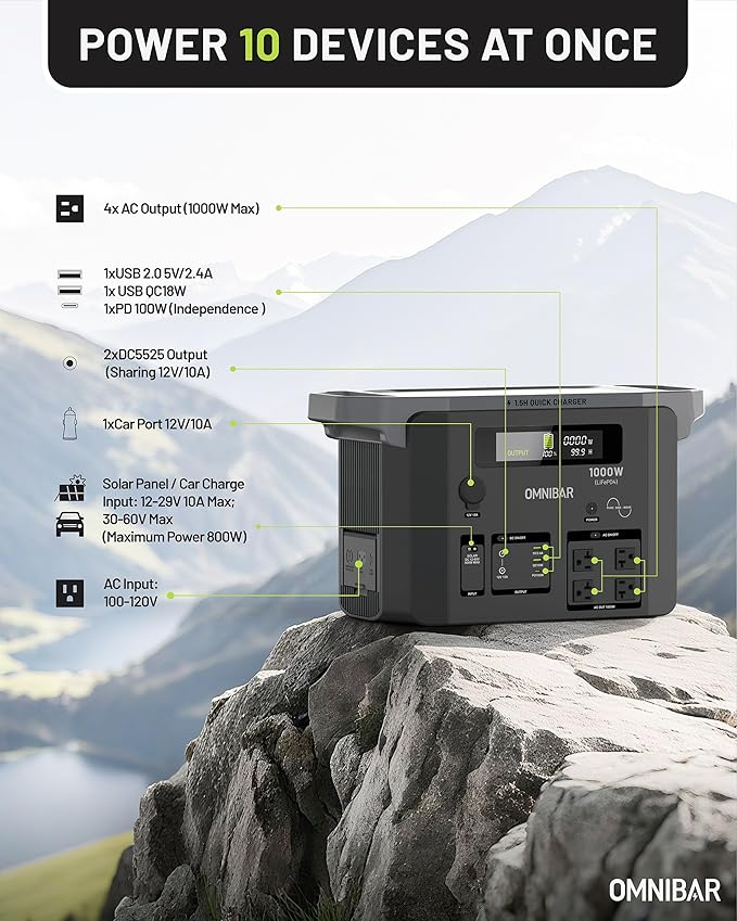 Portable Power Station 1000W (2000W Peak),1075Wh LiFePO4 Battery, 1000W AC/100W USB-C Output, 1.5 Hrs Fast Charge, Solar Generator for Outdoor Camping, Emergency Backup, RVs, Off-Grid Living