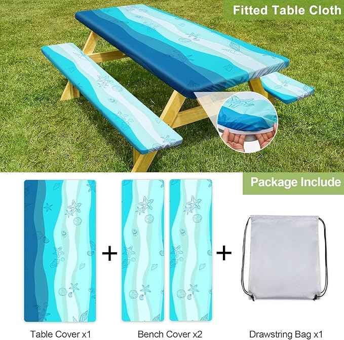 Picnic Table Cover with Bench Covers Camping Essentials Waterproof Windproof Camping Tablecloth with Drawstring Bag, Fitted Rectangle Tables and Seats, 72in, Sky Blue