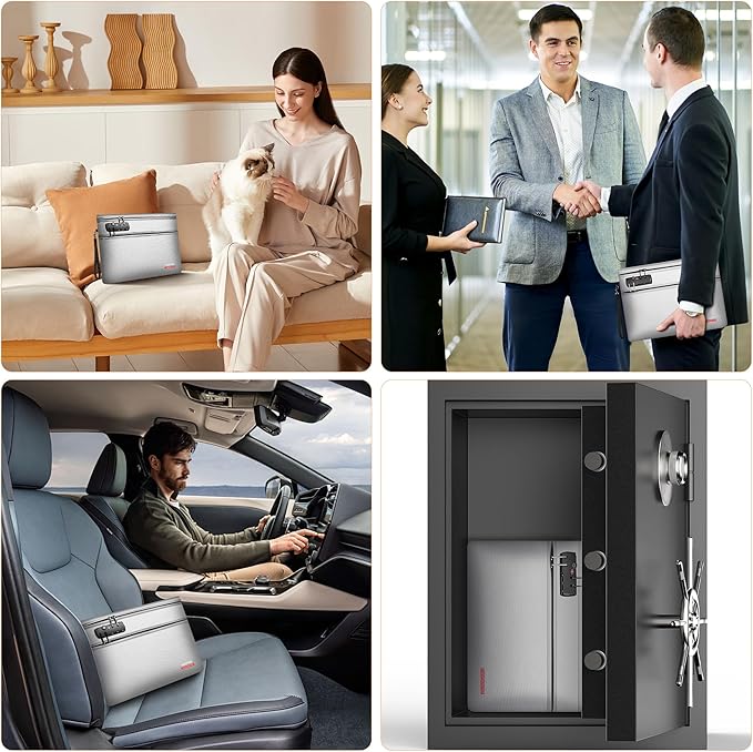 Noiposi 6400℉ Fireproof Document Bag with Lock,Dual-Zip Compartments Fireproof Money Bag for Cash and Documents,12 Layers Heat Insulated Fireproof Bag with Zipper,Protects Important Valuables(Silver)