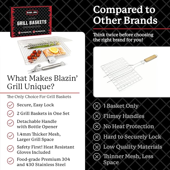 BLAZIN' GRILL Baskets for Outdoor Grill | 2 Grilling Baskets with Detachable Handle | Barbecue Grill Set with BBQ Gloves | Portable Camping Net Rack Perfect for Vegetables, Seafood & Meat