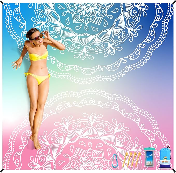 BYDOLL Beach Blanket Waterproof Sandproof 78''×81'' Suits1-4 Adults Compact Lightweight Oversized Sand-Free Blanket Large Picnic Mat for Beach Travel Camping Hiking