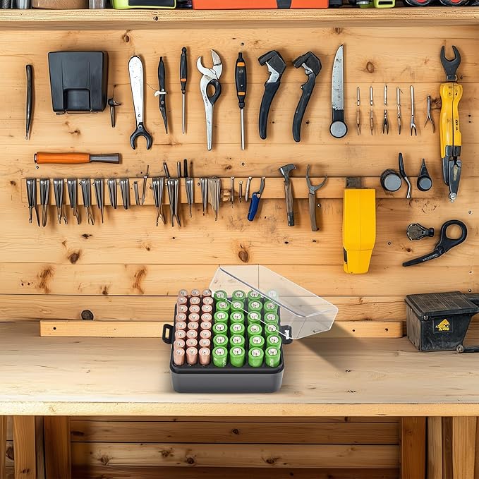 ALCYON Battery Organizer Storage Case, Battery Vault Box Container for 48pcs AA AAA Batteries, Plastic Clear Protective Battery Holder for Travelling/Home/Office (Black, Medium)