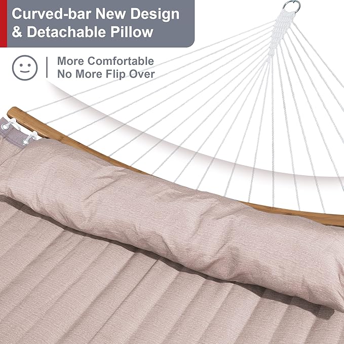 Double Hammock with 12 FT Stand, 2 Person Curved Bar Hammock with Stand, Pillow and Portable Carrying Bag, Heavy Duty 450lbs Capacity, Tan
