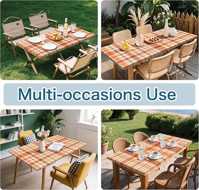 Orange Picnic Table Cover with Bench Covers, 3 Pcs Waterproof Elastic Picnic Table Cover Fall Outdoor Camping Essentials, Windproof Fitted Tablecloth for Indoor Outdoor (Plaid, 60X30 Inch)