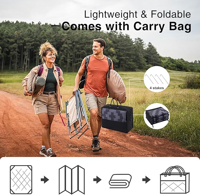 OLANLY Waterproof Outdoor Rug 6x9 ft, Outdoor Plastic Straw Rug for Camping, RV Mat Outside, Indoor Outdoor Carpet for Porch, Deck, Backyard, Balcony, Picnic, Black & Grey