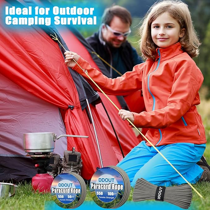 Paracord Nylon Rope Gray 100ft with 7-Strand Core, 10 Colors and 50/100/200 ft, Type III Parachute Cord 4mm for Camping, Survival, Hiking, DIY, Crafting, Outdoor Utility Rope