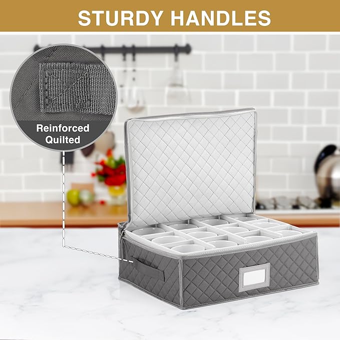 Stack Store Plus More China Cup Storage Chest - Quilted Fabric Container in Gray Measuring 16" x 13" x 6"H - Perfect Storage Case for Coffee Mugs - Tea Cups - Mason Jars - Glassware