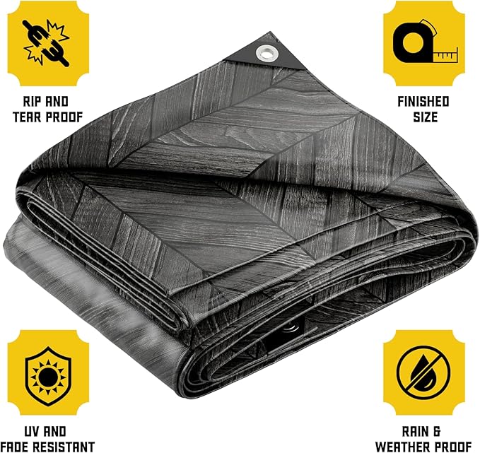 Core Tarps Extreme Heavy Duty 20 Mil Tarp Cover, Waterproof, UV Resistant, Rip and Tear Proof, Poly Tarpaulin with Reinforced Edges for Roof, Camping, Patio, Pool, Boat (Grey Wood/Black 30′ X 30′)