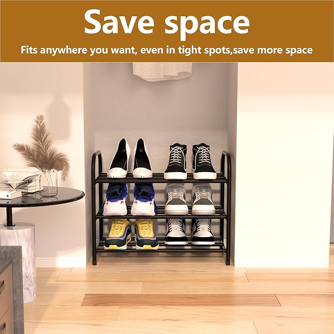 3-Tier Expandable Shoe Rack for Closet, Shoe Organizer,17”-31” Adjustable Shoe Rack,Suitable for Small Spaces,Small Front Door Wardrobe Shoe Stand,Sturdy Metal,Black