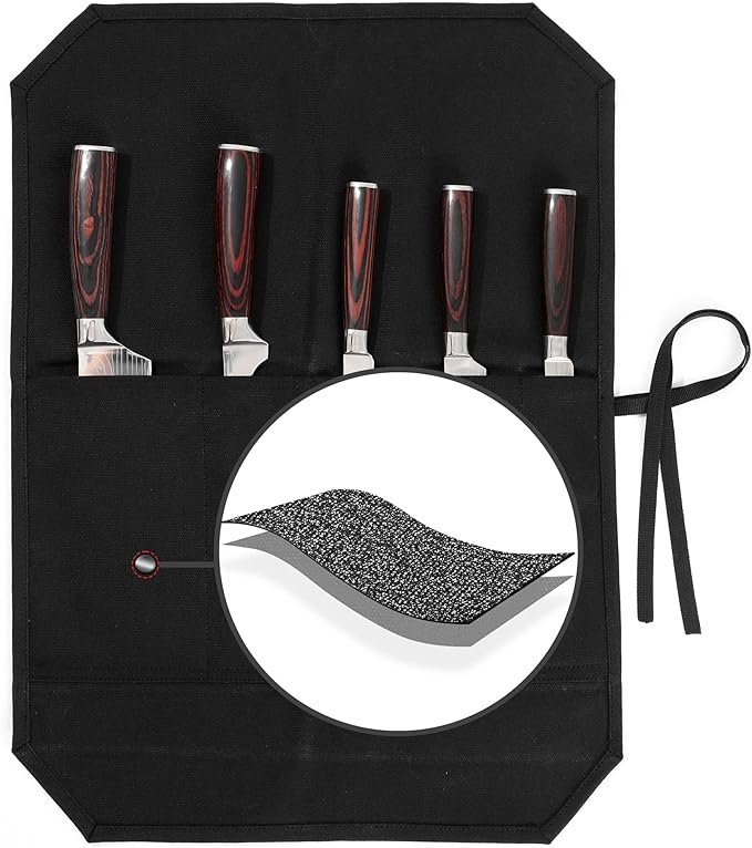 Kaaltisy Chef Knife Roll Bag, Knife Bag with 5 Slots, Specialized Cut-Resistant Fabric Lining, Heavy Duty 16oz Waxed Canvas Knife Roll Case | Black | 21" L x 15.5" W
