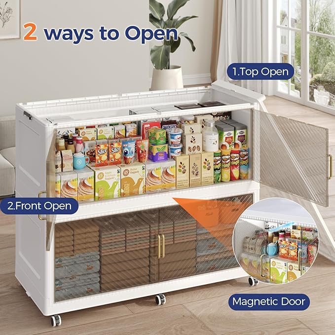 320GAL Extra Large Stackable Storage Bins with Lid, 1280QT Plastic Closet Organizer and Storage Cabinet with Wheels and Doors, Folding Storage Box Container for Home Organization, 4Pack White