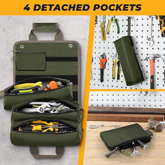 Heavy Duty Tool Bag, Roll Up Tool Organizer for Men Women, Portable Tool Storage Box with 4 Detachable Zipper Pouch, Compact Small Carrier Bag for Electrician Mechanic, Father Day Dad Gift, Green