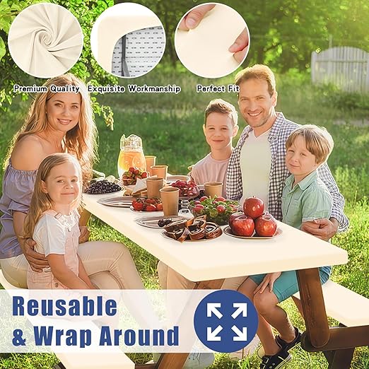 Picnic Table Cover with Bench Covers, Elastic Fitted Spandex Tablecloths for 6 Foot Rectangle Tables, Stretch Washable Patio Tablecloth for Outdoor, Camping (Beige, 30"x72")