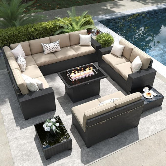 LayinSun 13 Pieces Outdoor Patio Furniture Set with 44" Fire Pit Table Rattan Sectional Sofa Conversation Sets