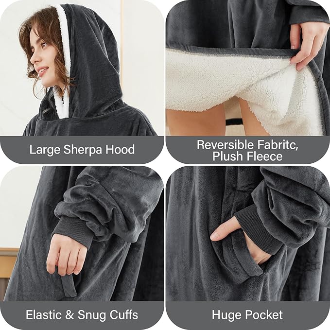 LetsFunny Blanket Hoodie,Oversized Wearable Sherpa Fleece Blanket Sweatshirt,Super Soft Warm Cozy with Giant Pocket,Gifts for Women Men Adults Teenagers Kids, One Size Fits All