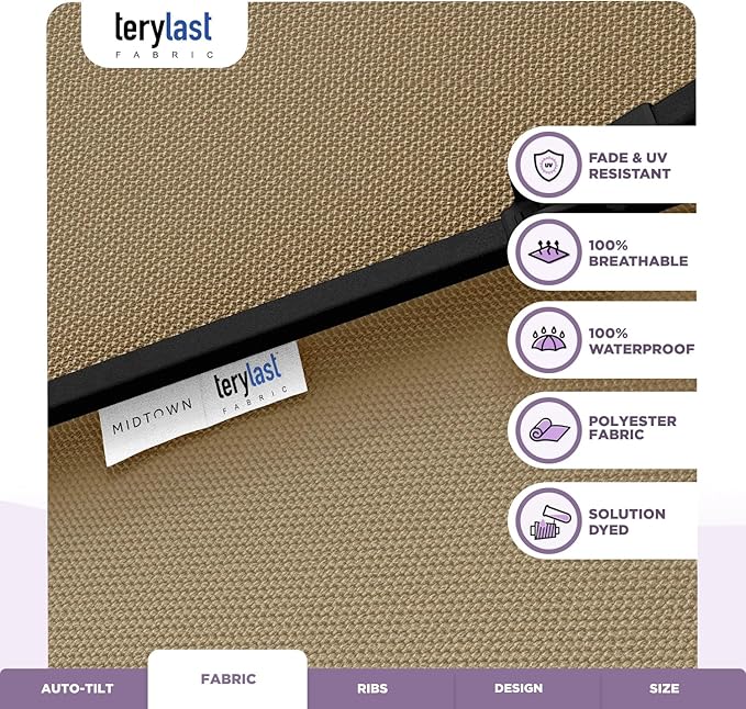 Midtown Umbrellas 10-Year-No-Fade - 9 Ft - UV Proof Beige Polyester Fabric - Umbrella Outdoor Patio, Auto-Tilt Aluminum Frame Patio Umbrella for Garden, Pool & Deck - Black Pole