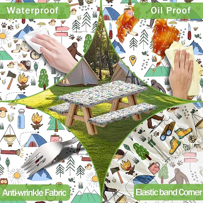 JAWO Picnic Table Covers with Bench Covers Camping Big Foot Adventure Tablecloth 6FT for 6 Person Fitted Picnic Table Cover with Elastic Windproof Waterproof Fabric, Camp Accessories Patio & Outdoor