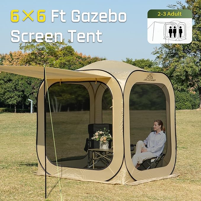 6x6 FT Pop Up Screen House Tent - Instant Screened Gazebo Canopy with Mosquito Net, Portable Backyard Tent for 4-6 People, Easy Setup Patio Shelter for Camping, BBQ, Sports & Outdoor