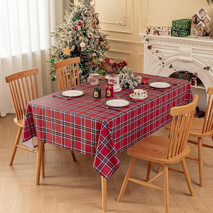 Romanstile Christmas Rectangle Vinyl Tablecloth, 100% Waterproof Oil-Proof Checkered PVC Table Cloth, Heavy Duty Xmas Plastic Table Cover for Dining, Party, Holiday Decor - 54 x 120 Inch, Red