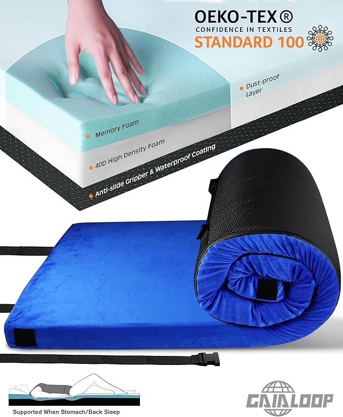 3 Inch GAIALOOP Thick Memory Foam Camping Mattress Sleeping Pad [Car/Tent/Cot] Glamping Portable Floor Mat Roll Up Futon Mattress for Guests Sleepover