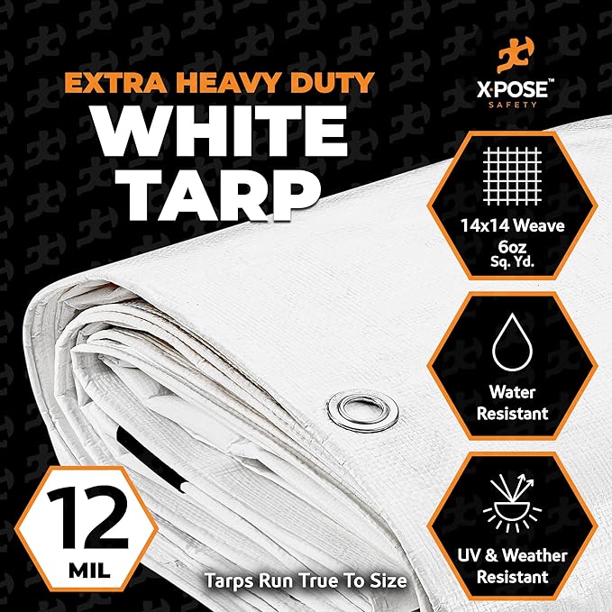Heavy Duty White Poly Tarp 6' X 10' - Multipurpose Protective Cover - Durable, Waterproof, Weather Proof, Rip and Tear Resistant - Extra Thick 12 Mil Polyethylene - by Xpose Safety