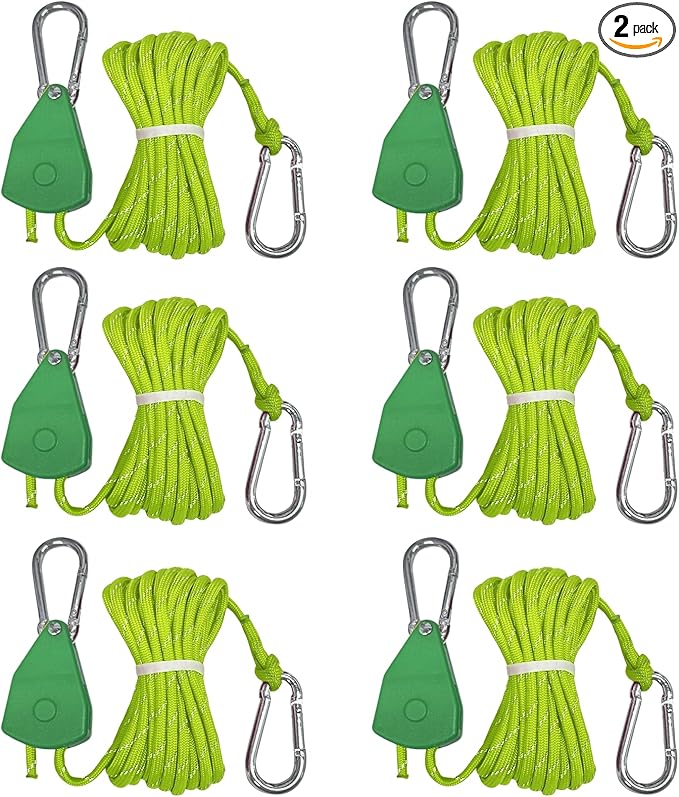 13ft Adjustable Outdoor Windproof Rope Ratchet Strap Tie Down Straps Small Mini Reflctive Paracord Rope Tent Hanger Grow Light Kayak 5/32" Green 6 Pack