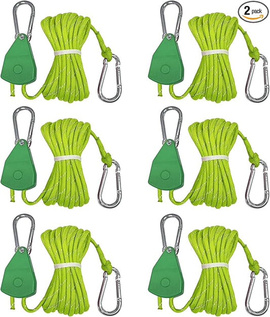 13ft Adjustable Outdoor Windproof Rope Ratchet Strap Tie Down Straps Small Mini Reflctive Paracord Rope Tent Hanger Grow Light Kayak 5/32" Green 6 Pack