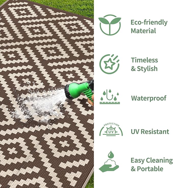 GENIMO Outdoor Rug for Patio Clearance, 8'x10' Waterproof Camping Mat, Reversible Plastic Straw Rugs for RV, Camper, Balcony, Backyard, Picnic, Deck (Coffee & Beige)