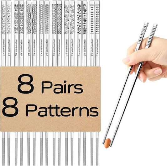 8 Pairs Metal Chopsticks Reusable 18/10 Stainless Steel Chopsticks Set Cute Laser Engraved Non-slip Japanese Korean Chinese Chopstick for Cooking Eating Dishwasher Safe 9.25" Chop Sticks Gift Set