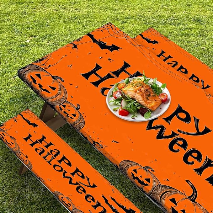 CAPSCEOLL Elastic Picnic Table Cover with Bench Covers 5Ft Waterproof Fitted Picnic Table Cover Cloths for Outdoors Camping Tablecloth with Drawstring Bag, 60X30in, Happy Halloween