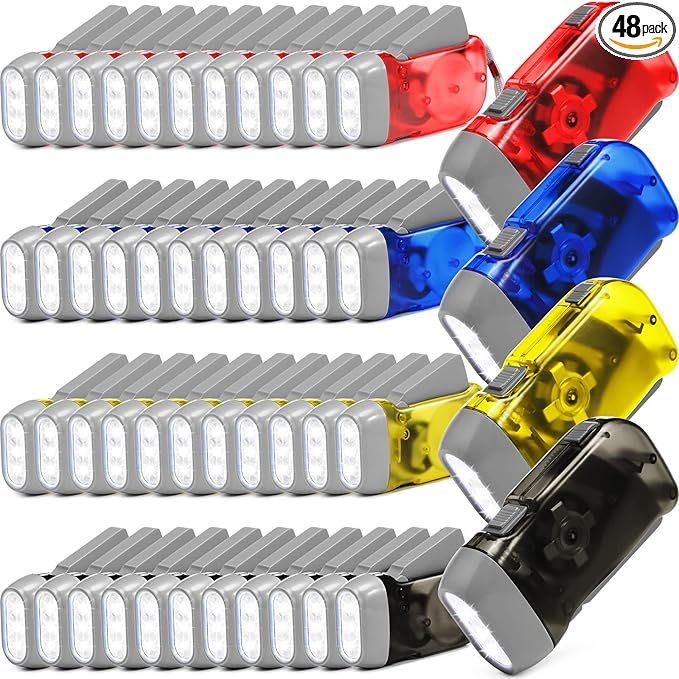 Leelosp 48 Pcs Hand Crank Flashlight No Battery Required Cranked Flashlight Manual Press Flash Light 3 LED Squeeze Light for Camping Hiking Power Outage Gift(Red Blue Yellow Gray)