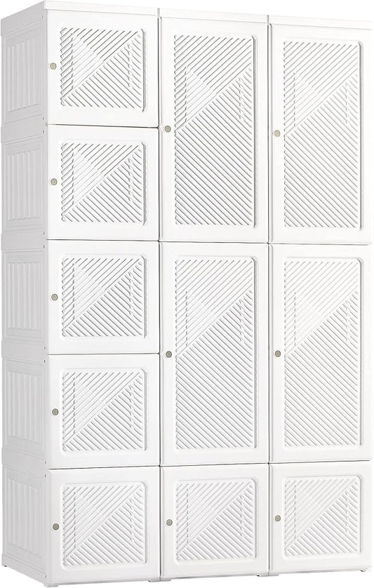 HOMCOM Portable Wardrobe Closet, Folding Clothes Storage Organizer with 8 Cube Compartments, 2 Hanging Rods, 11 Magnet Doors, White
