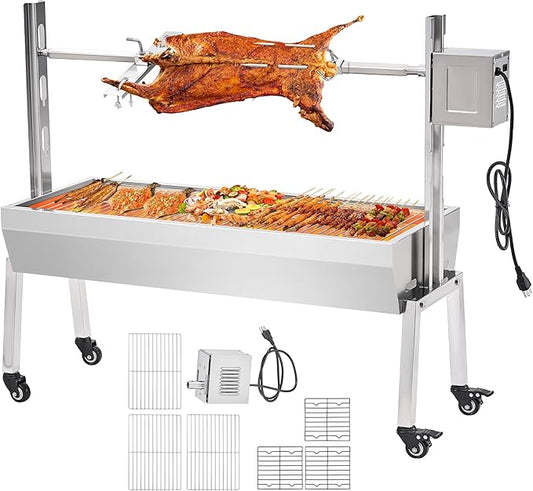 Jocisland Electric BBQ Rotisserie Grill Kit, 42" 132 Lbs Capacity, 45W Motor, Height-Adjustable Stainless Steel Pig Lamb Charcoal Rotisserie Roaster with Lockable Wheels for Camping Outdoor