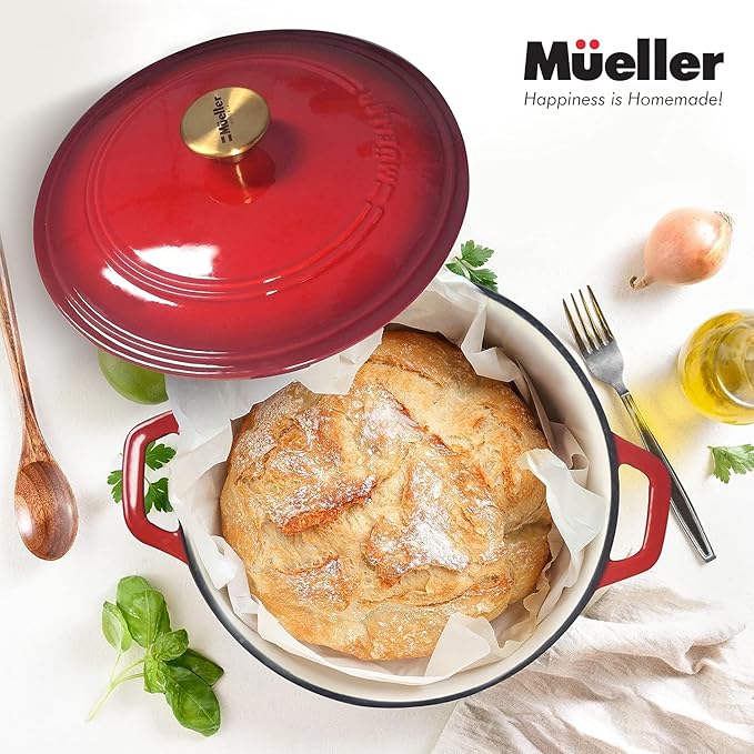 MÜELLERHOME 7.5 QT Enameled Cast Iron Dutch Oven, Heavy-Duty Casserole Dish and Braiser Pan with Lid and Stainless Knob, Oven-Safe up to 500° F & Across All Cooktops, Red