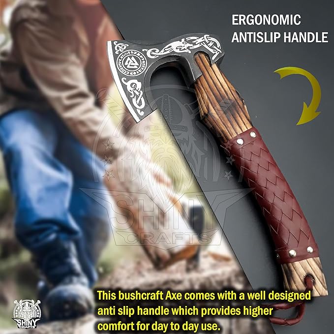 SHINY CRAFTS Viking Axe Mens Axes Hatchet with Leather Sheath - Real Tomahawk for him Valknut Axe Gift for Men Camping Hatchet with Premium Leather Sheath (SCA 07)