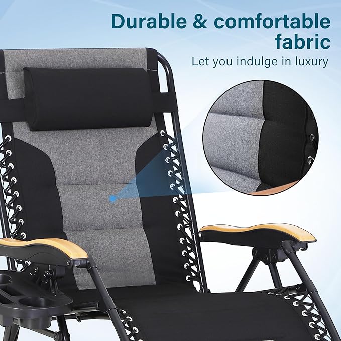 MFSTUDIO Zero Gravity Chairs Set of 2, XL Oversized Outdoor Anti Gravity Chair, Patio Lounge Folding Adjustable Chair with Cup Holder & Padded Headrest, Support 400lbs,Black