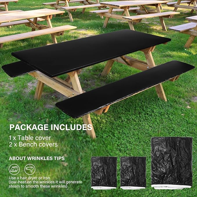 3 Pcs Picnic Table and Bench Fitted Tablecloth Cover for 6 Ft Table 30 x 72 Inch Vinyl Fitted Elastic Edges Waterproof Wipeable Tablecloth for Indoor Outdoor Travel Picnics Patio Camping (Black)