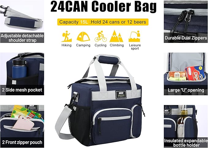 MIER Large Lunch Box for Men Women Adult Insulated Soft Sided Cooler 24 Can Leakproof Lunch Bag Collapsible for Work Travel Camping Beach, 15L (Blue-No Luggage Strap)