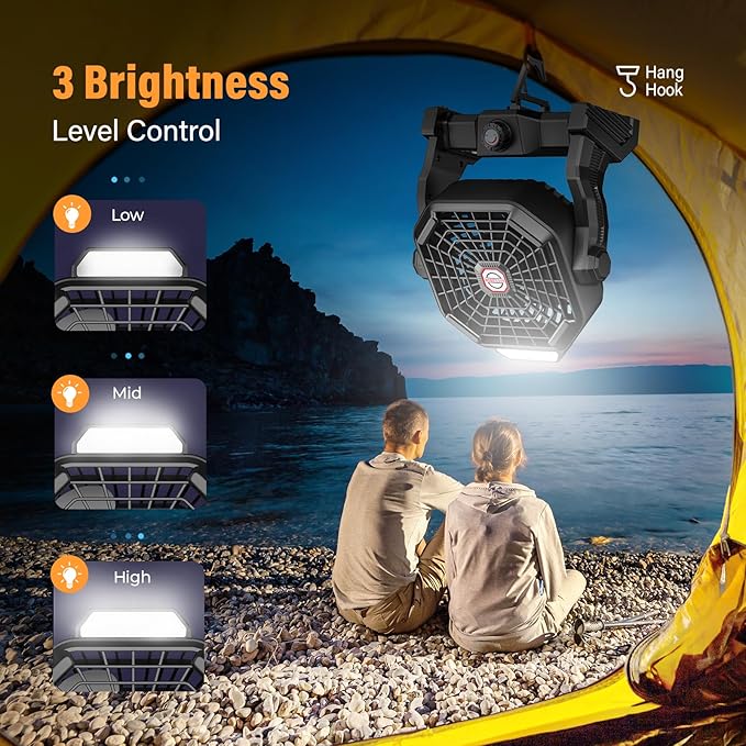 10400mAh Solar Fan with LED Lantern, Camping Fan with Solar Panel, 7W Rechargeable Solar Powered for Outside, Quiet Battery Operated Tent for Picnic, Barbecue, Fishing, Travel
