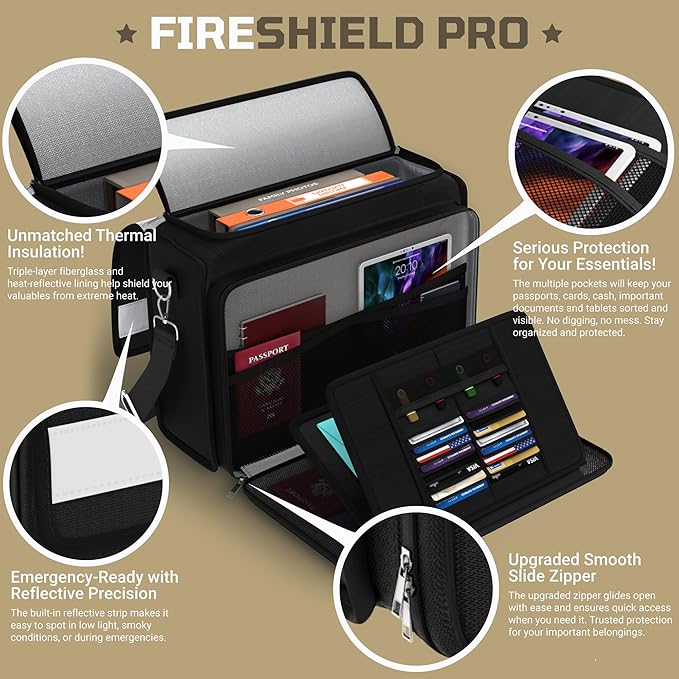 FIRESHIELD PRO Fireproof Document Bag – Portable Briefcase with Shoulder Strap, Tablet, Laptop & Card Organizer – Water Resistant, Multi-Pocket Storage for Travel, Home or Office – 17" x 12.5" x 7.2"