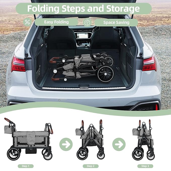 Wagon Stroller for 2 Kids, Foldable Kids Wagon Cart Featuring with Harnesses, Adjustable Double Push Handle, Removable Canopy, Snack Tray, Large Storage Bag, Gray