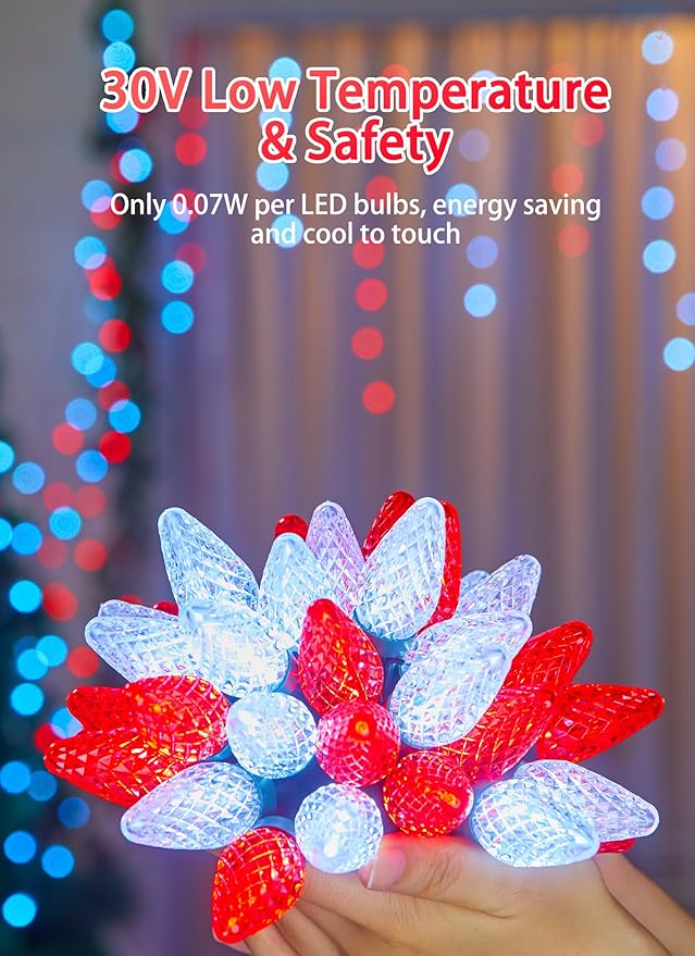 C9 LED Christmas Lights Outdoor, 81 Feet 100 LED String Lights with Timer & 8 Light Mode, Waterproof Commercial Grade Christmas Tree Lights for Outside Indoor Roofline Patio Decor, Red & Pure White