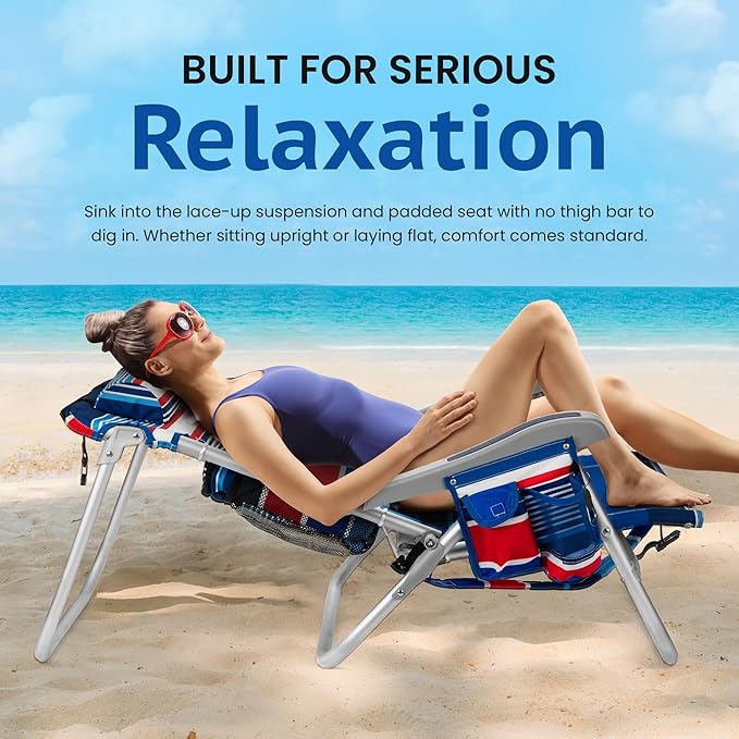Homevative Backpack Fold-Up Beach Chair, 5 Positions, Towel bar, Cooler, Storage Pouch, Cup Holder and Phone Pocket